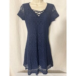 Hollister Lace Dress Womens Medium Navy Blue Short Sleeve Lace-Up V-Neck